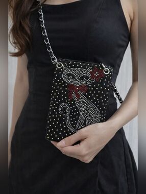 Kitty Cat Rhinestones Petite Phone Crossbody Purse 6x7"